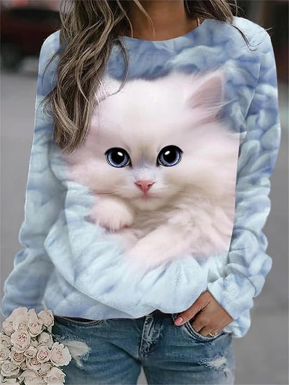 Felpa da Donna con Gatto Camicia a Maniche Lunghe Stampa Animalier Girocollo