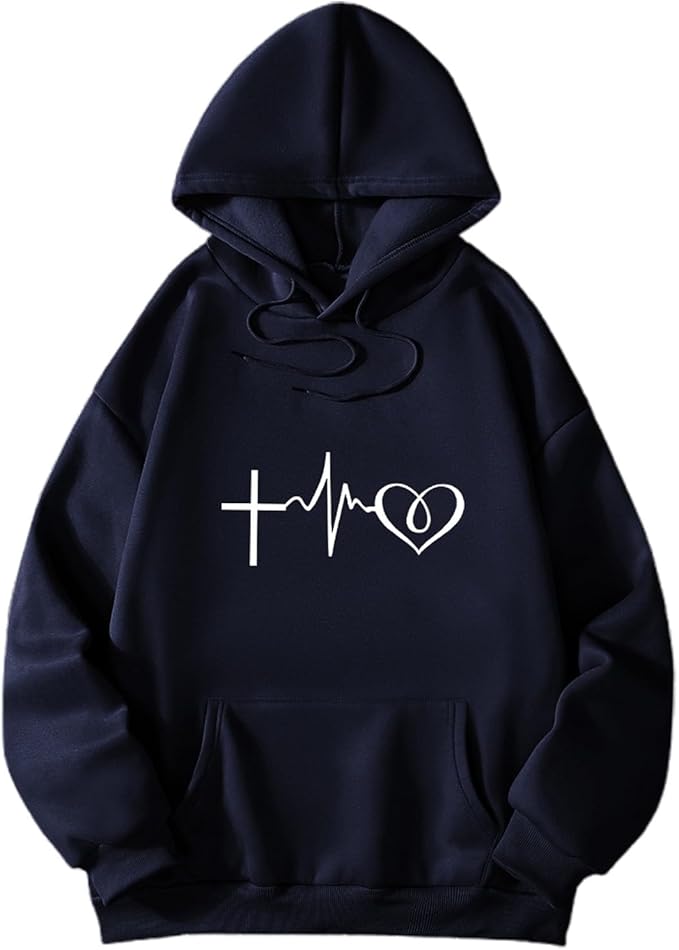 felpa con cappuccio da donna stampata con vestibilità ampia e scollo a V, maglione casual a maniche lunghe per l'uso quotidiano