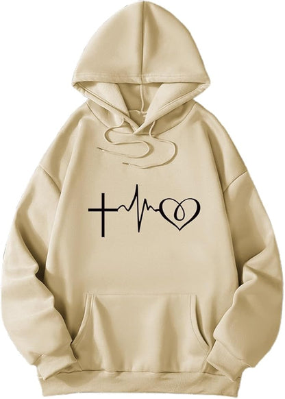 felpa con cappuccio da donna stampata con vestibilità ampia e scollo a V, maglione casual a maniche lunghe per l'uso quotidiano