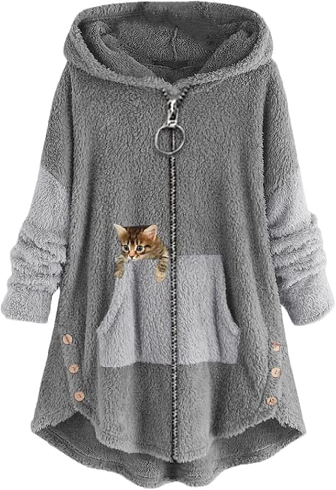 Felpa con Cappuccio Gatto Maglioncino Peloso Felpone Pile Colorblock Hoodie