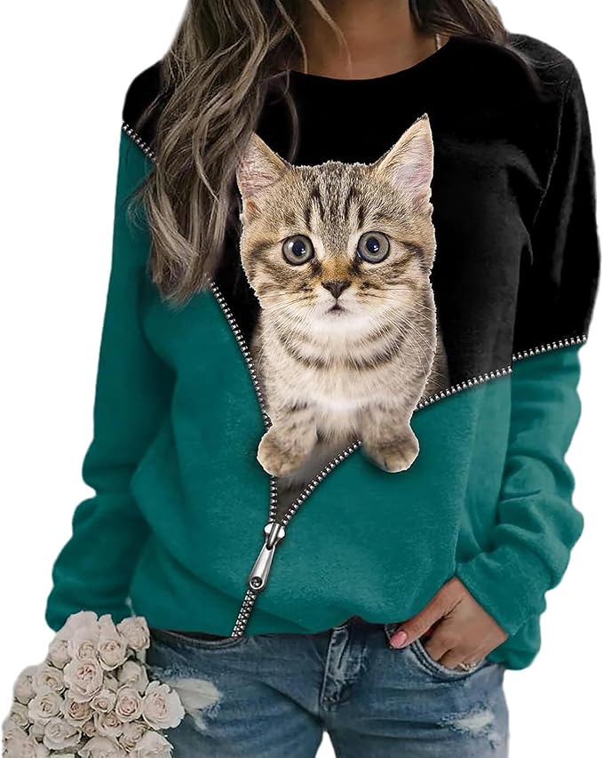 Maniche Lunghe con Gatto Stampa Animalier Carino Stampa 3D