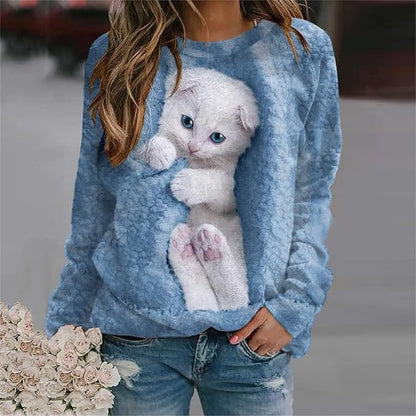 Felpa con Motivo Gatto Carino Moda Maglione Casual Top a Maniche Lunghe