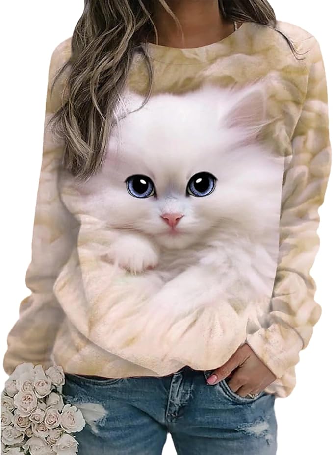 Felpa da Donna con Gatto Camicia a Maniche Lunghe Stampa Animalier Girocollo