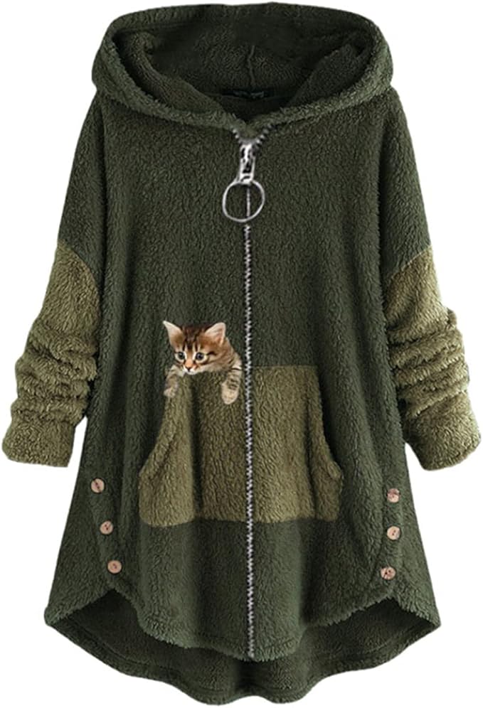 Felpa con Cappuccio Gatto Maglioncino Peloso Felpone Pile Colorblock Hoodie