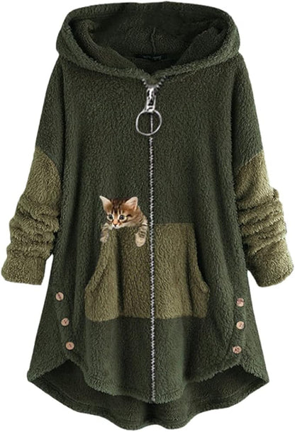 Felpa con Cappuccio Gatto Maglioncino Peloso Felpone Pile Colorblock Hoodie
