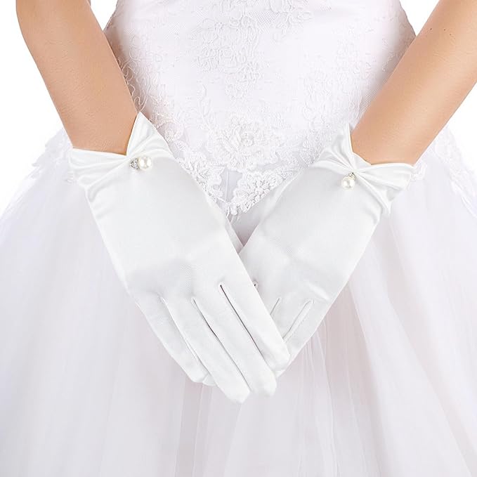 Guanti di Raso Bianchi Eleganti da sposa con Pizzo da Polso Corti