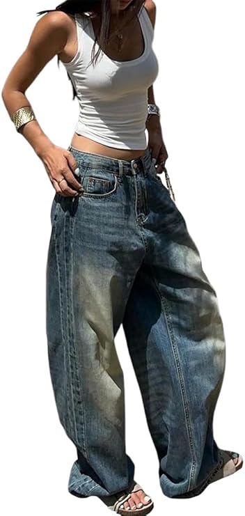 Jeans Donna Baggy Vita Alta Pantaloni Denim