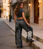 Jeans Hip Hop Pantaloni Larghi a Vita Alta Pantaloni in Denim con Stampa Teschio Jeans Larghi a Gamba Larga Pantaloni Casual Streetwear