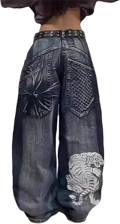 Jeans Hip Hop Pantaloni Larghi a Vita Alta Pantaloni in Denim con Stampa Teschio Jeans Larghi a Gamba Larga Pantaloni Casual Streetwear