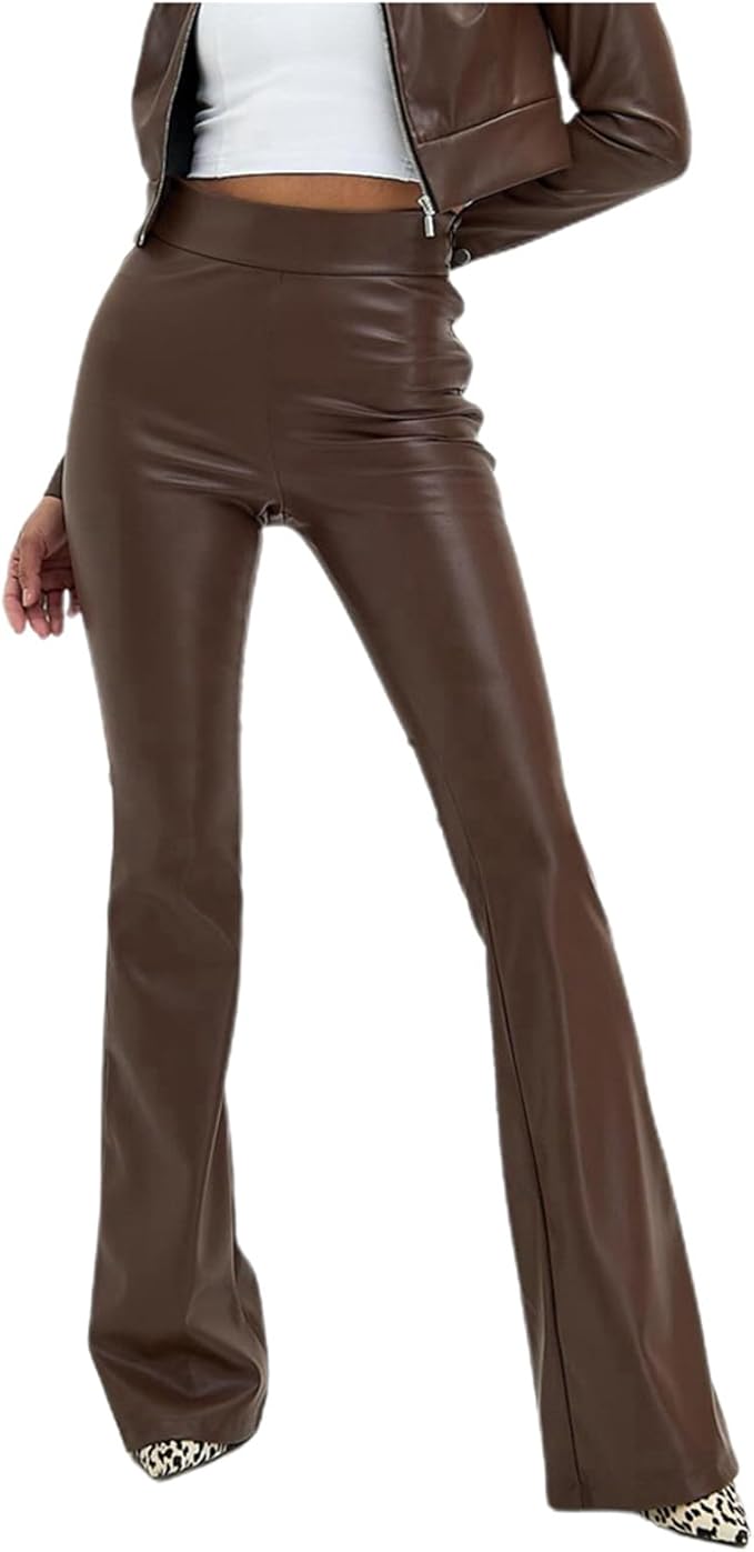 Leggins nero M pantaloni donna in ecopelle a vita alta tinta unita PU lucido pantaloni a zampa slim fit pantaloni cargo donna nero stretch