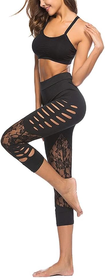 Leggings da donna a 3/4 di lunghezza con pizzo a vita alta pantaloni da yoga ritagliati strappati Jeggings