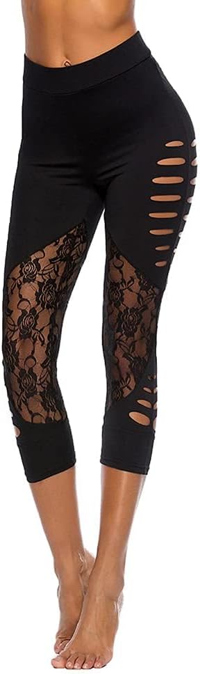 Leggings da donna a 3/4 di lunghezza con pizzo a vita alta pantaloni da yoga ritagliati strappati Jeggings