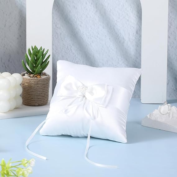 Nicoone Cuscino per Fedi Nuziali,Cuscino per Anelli e Anelli con Bellissimo Fiocco e Perla Simulazione, Come Regalo per la Persona Amata,Un amico,Bianco