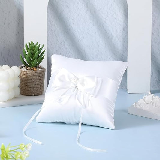 Nicoone Cuscino per Fedi Nuziali,Cuscino per Anelli e Anelli con Bellissimo Fiocco e Perla Simulazione, Come Regalo per la Persona Amata,Un amico,Bianco