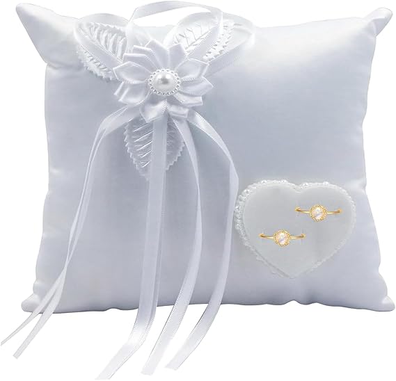 Smilbaley 20 x 20 Cm Cuscino Per Fedi Nuziali, Cuscino Per Anelli Di Nozze, Per Fedi Nuziali Bianco Cuscino Portafedi Porta Fedi Con Nastro e Perle Artificiali Per Matrimoni, Regali Di San Valentino