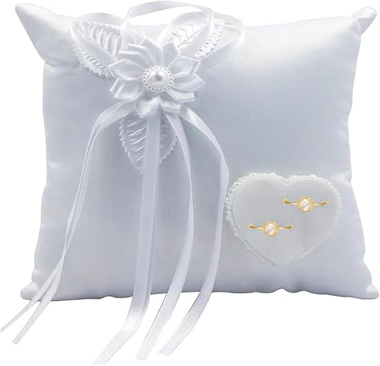 Smilbaley 20 x 20 Cm Cuscino Per Fedi Nuziali, Cuscino Per Anelli Di Nozze, Per Fedi Nuziali Bianco Cuscino Portafedi Porta Fedi Con Nastro e Perle Artificiali Per Matrimoni, Regali Di San Valentino