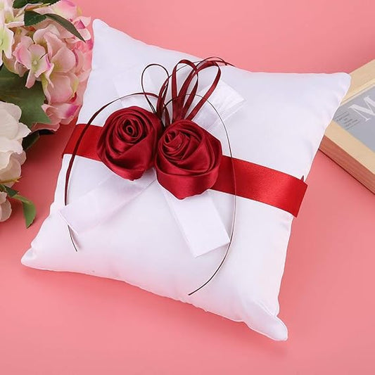 BORDSTRACT Cuscino Per Fedi, Cuscino Per Fedi Nuziali alla Moda Bianco con Nastro di Rose Rosse Calde Artificiali Per Decorare Oggetti di Scena Per Matrimoni
