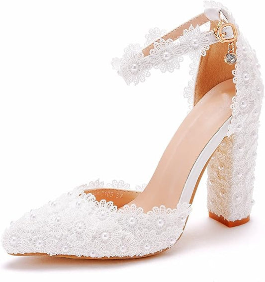 Scarpe da Sposa da Donna, Punta Chiusa Tacco Alto Pizzo Fiore Bianco 10.5