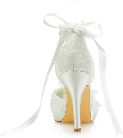 Scarpe da Sposa da Punta Chiusa Tacco a Spillo Pizzo Satinato Piattaforma Pompe Raso Fiore Cravatta a Nastro da Sposa