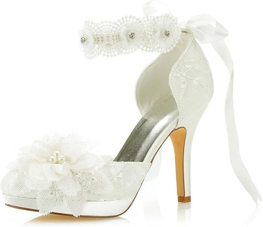 Scarpe da Sposa da Punta Chiusa Tacco a Spillo Pizzo Satinato Piattaforma Pompe Raso Fiore Cravatta a Nastro da Sposa
