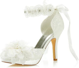 Scarpe da Sposa da Punta Chiusa Tacco a Spillo Pizzo Satinato Piattaforma Pompe Raso Fiore Cravatta a Nastro da Sposa