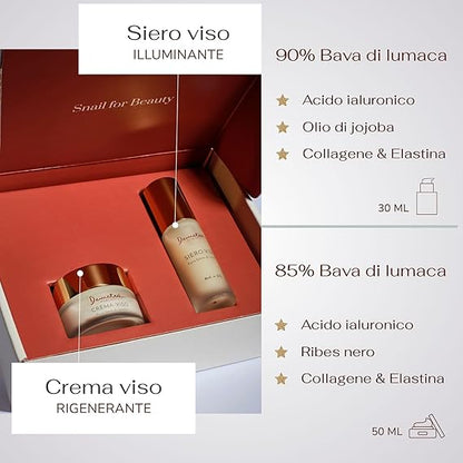 Demetra Kit Skincare 2 in1 – Crema viso 85% e Siero viso 90% - Bava di Lumaca e Acido ialuronico (50ml e 30ml) trattamento rigenerante