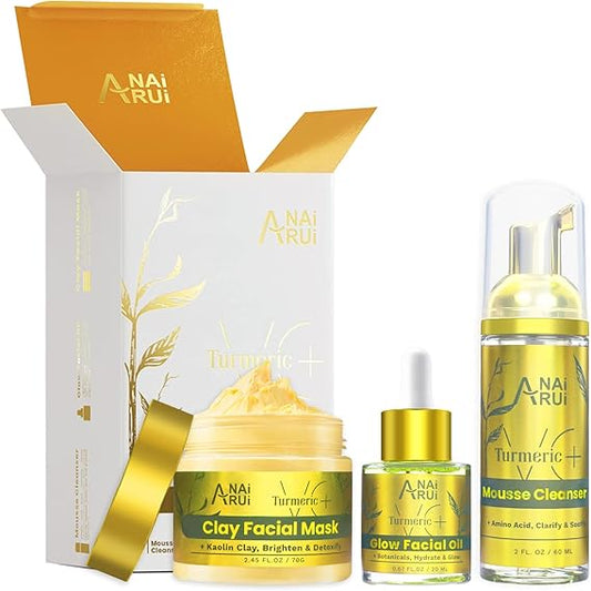 ANAiRUi Set Skincare Regalo Donna - Maschera Viso All'Argilla Di Vitamina C Curcuma + Schiuma Detergente Alla Curcuma + Olio Per Il Viso Alla Curcuma, Idrata e Ripara La Pelle Secca e Opaca