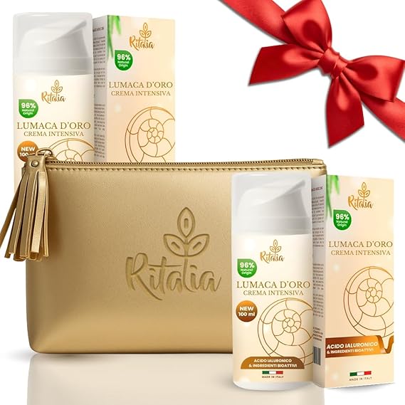 Confezione da 2 creme alla bava di lumaca 100 ml + beauty case dorato. Crema viso idratante donna/uomo con mucina pura e acido ialuronico, anti-age e antirughe.