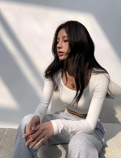 Top Sexy Slim T Shirt Girocollo Basic Top Elasticizzato Aderente