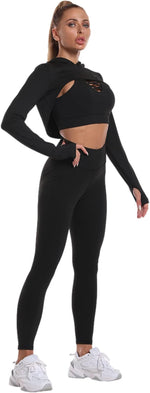 Donna 3 Pezzi Tuta da Yoga Gym Allenamento Sexy Reggiseno a Canotta Incrociato + Top Corto con Cappuccio + Legging Palestra