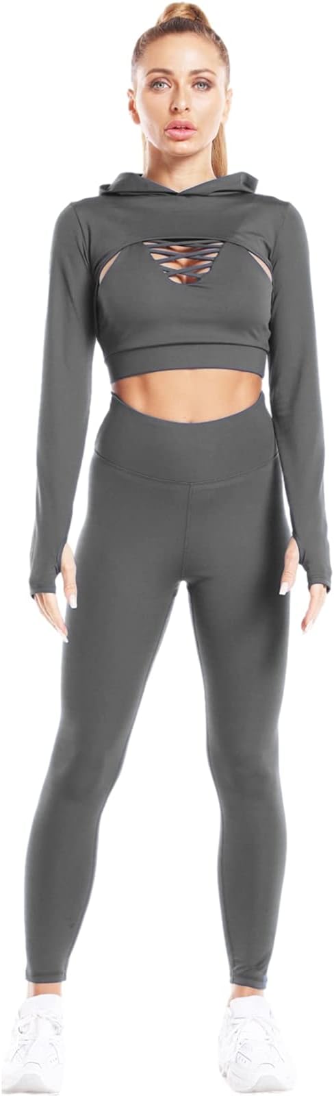 Donna 3 Pezzi Tuta da Yoga Gym Allenamento Sexy Reggiseno a Canotta Incrociato + Top Corto con Cappuccio + Legging Palestra