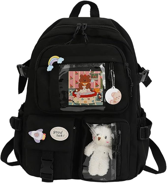 LYEAA Zaino Kawaii con spille e ciondolo a forma di animale di peluche, donne e ragazze, stile preppy in PVC patchwork trasparente, zaino per la scuola, grande capacità